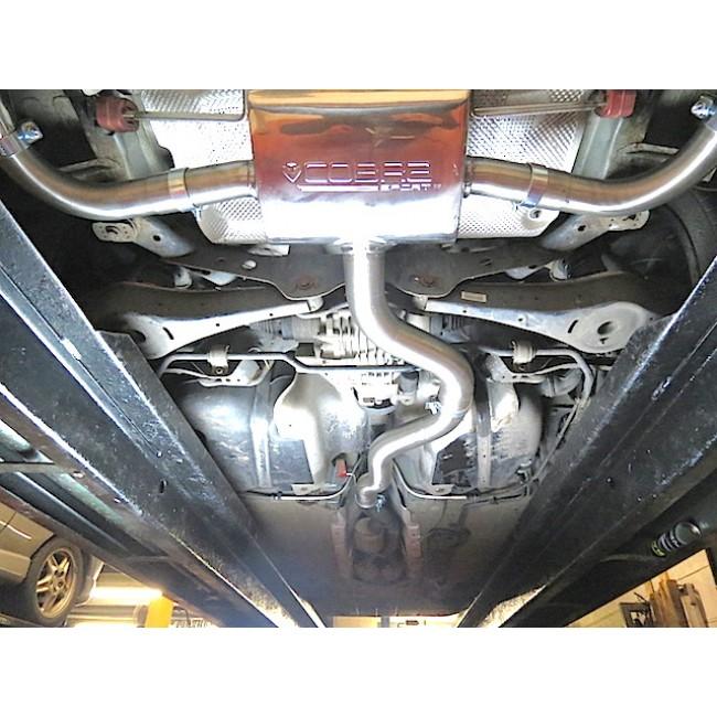 Cobra Sport Audi TT Mk2 3.2 V6 coupe cat back performance exhaust installed, showcasing polished stainless steel pipes and dual exhaust tips.