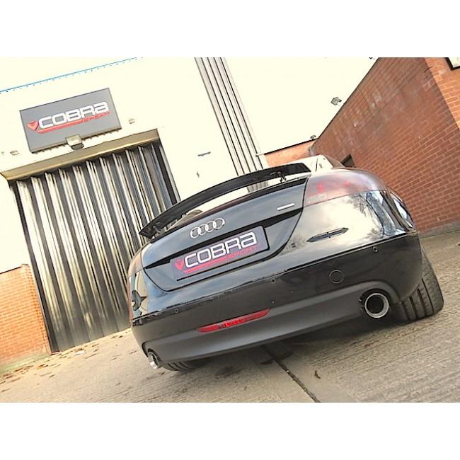 Cobra Sport Audi TT Mk2 3.2 V6 coupe cat back performance exhaust installed, showcasing polished exhaust tips and piping.