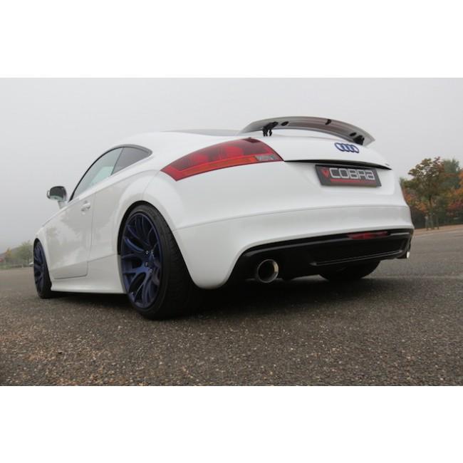 Cobra Sport turbo-back performance exhaust installed on Audi TT Mk2 2.0 TFSI Quattro 2012-14, showing polished metal pipes and muffler