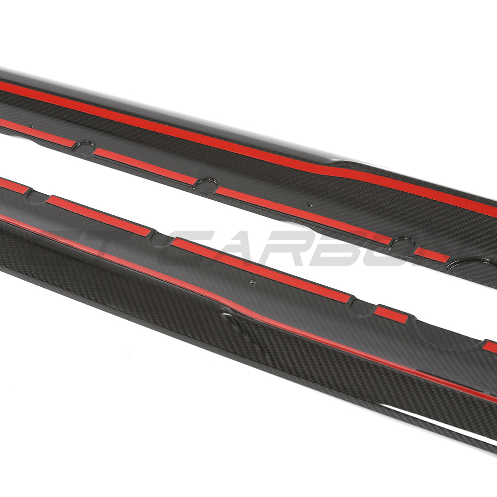 Audi R8 V10 Gen 2.5 carbon fibre side skirts by CT Carbon, showing sleek, lightweight automotive enhancement with detailed weave pattern.