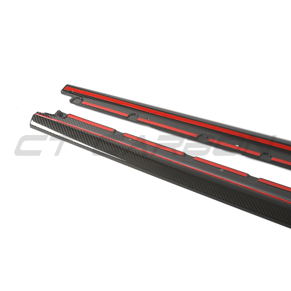 Audi R8 V10 Gen 2.5 carbon fibre side skirts by CT Carbon installed on the vehicle, showcasing sleek, aerodynamic design.