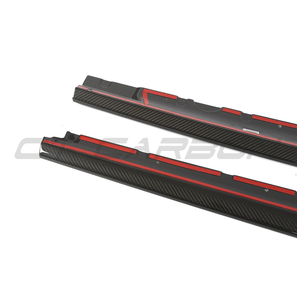 Audi R8 V10 Gen 2.5 carbon fiber side skirts by CT Carbon, showing sleek, lightweight side panel enhancements on the sports car.