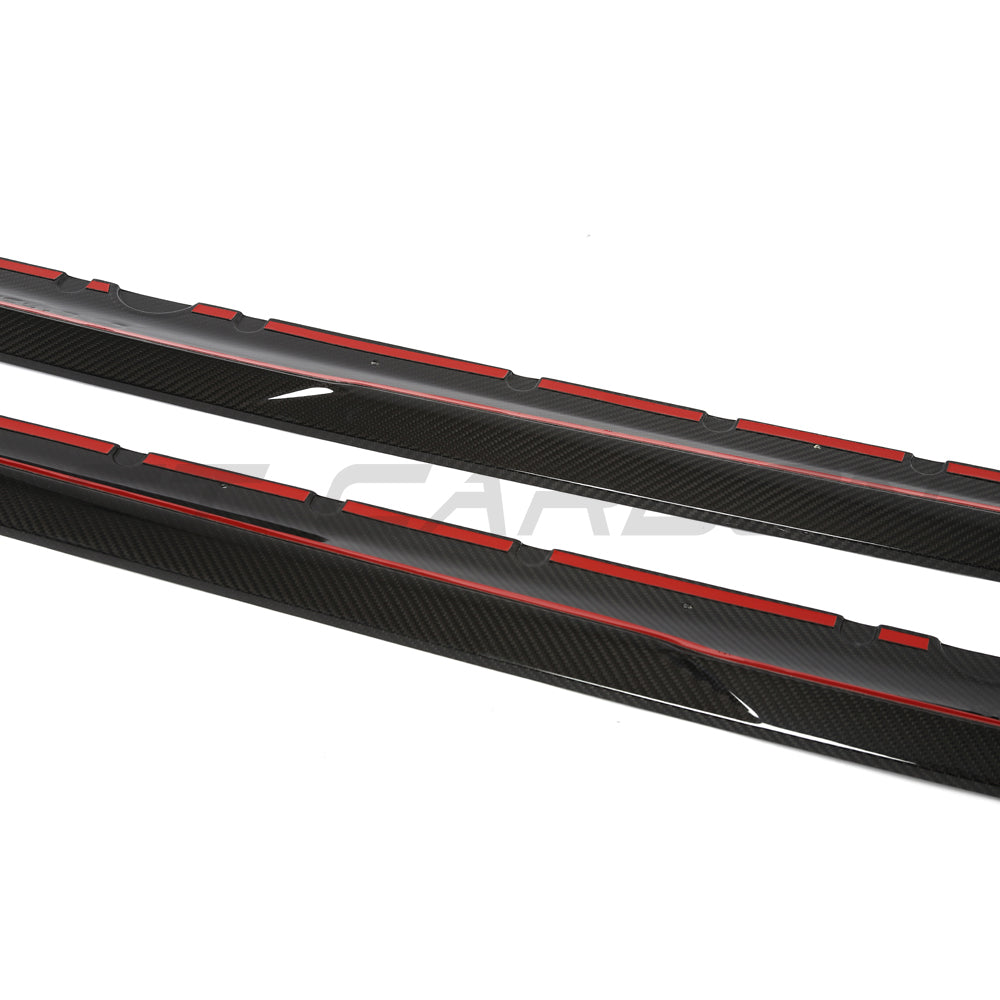 Audi R8 V10 Gen 2.5 CT Carbon fiber side skirts, sleek and lightweight automotive upgrade, shown from a side angle.