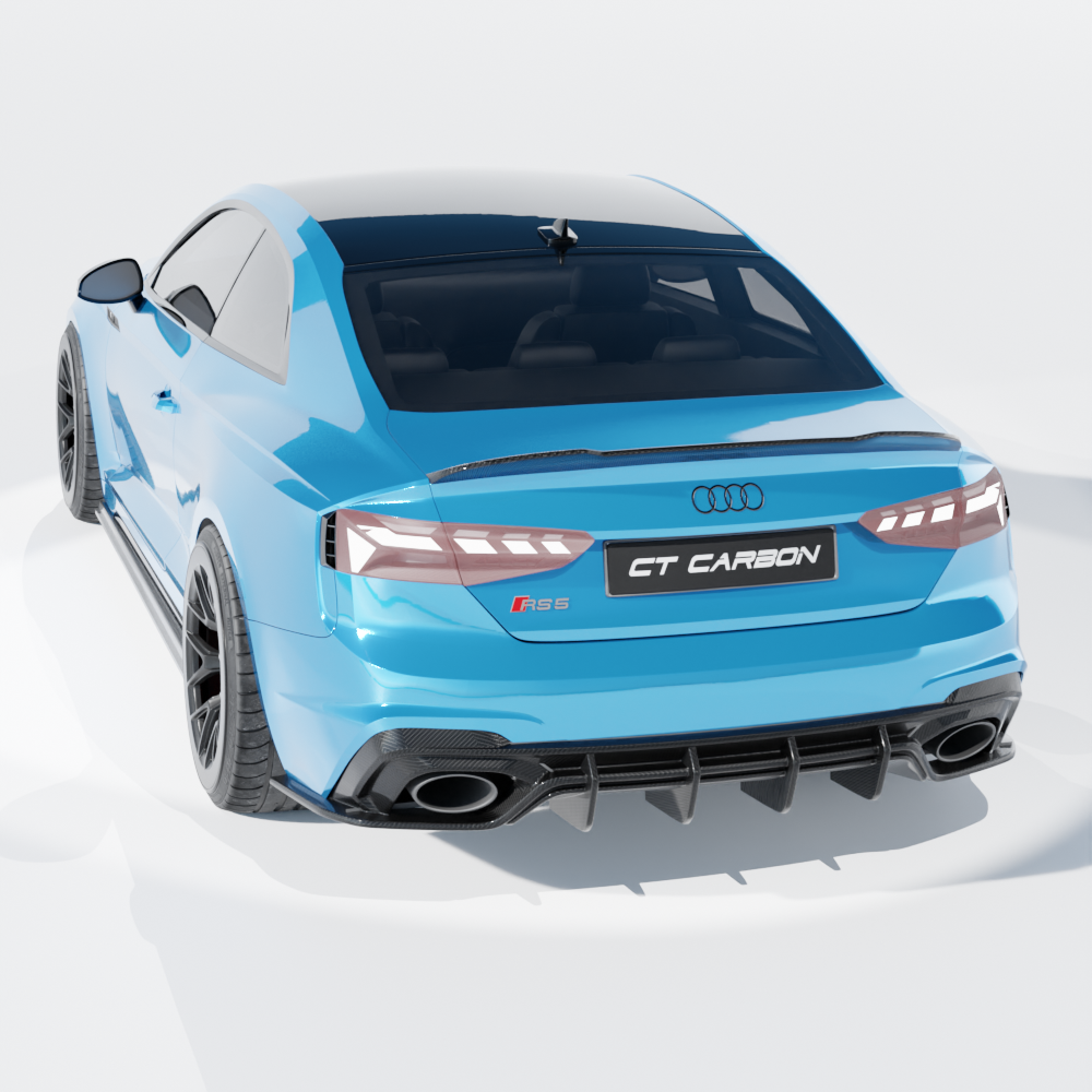 Full view of a 2020-2024 Audi RS5 B9.5 Coupe with CT Design carbon fiber kit, showcasing the lightweight, glossy carbon fiber exterior.