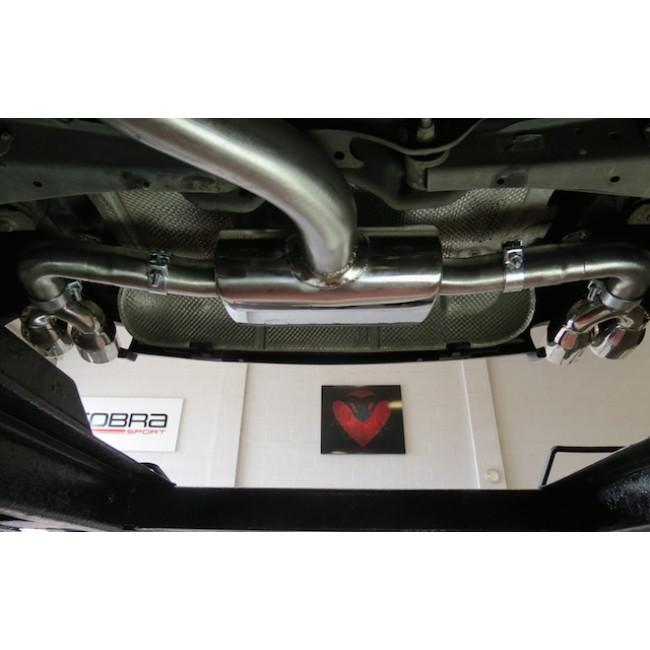 Cobra Sport Audi TTS Mk2 Quattro cat back performance exhaust installed, showcasing polished stainless steel exhaust tips and piping.