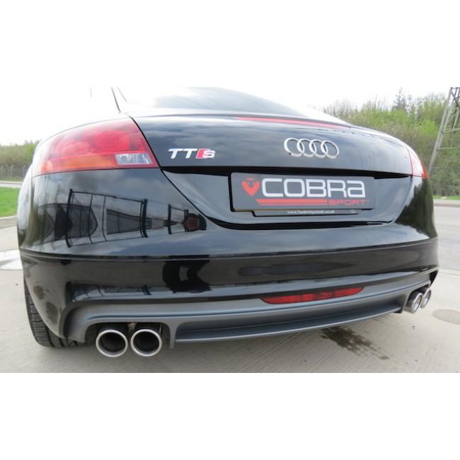 Cobra Sport Audi TTS Mk2 Quattro cat back performance exhaust installed, showcasing polished stainless steel tips and sleek design.