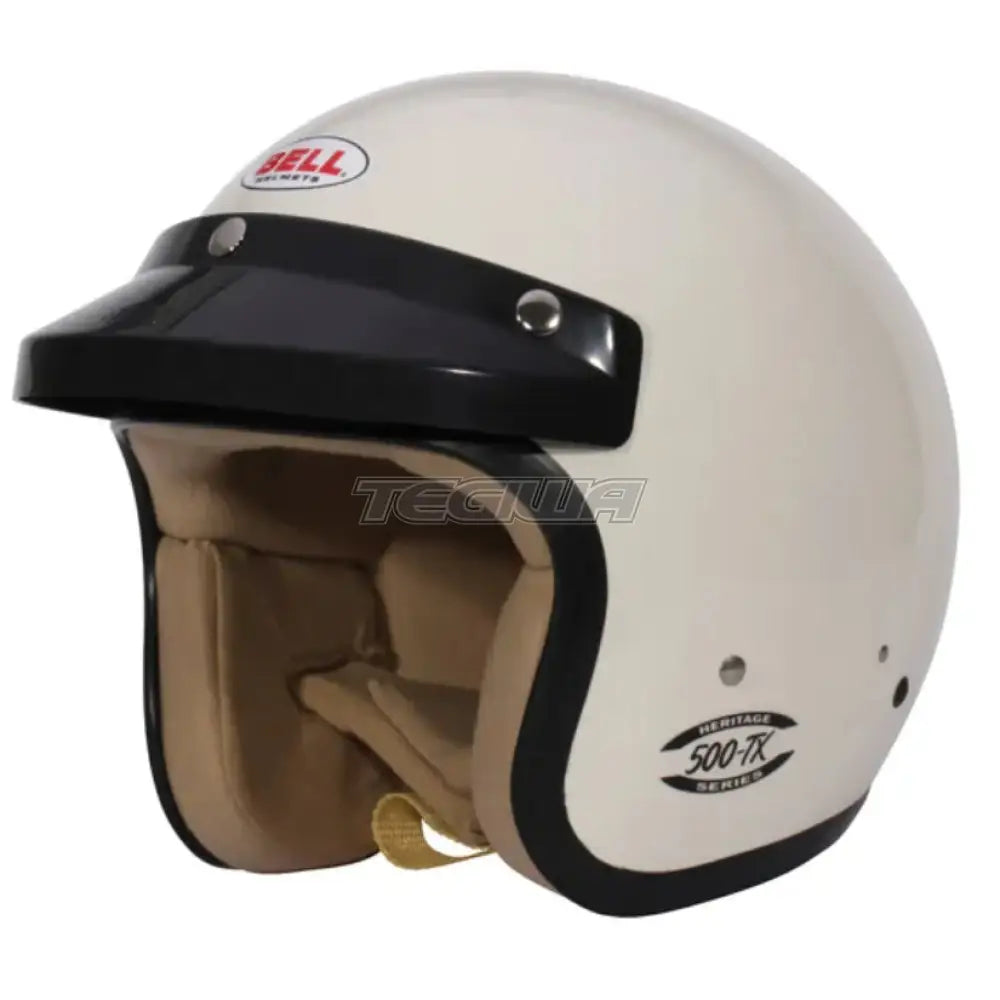 Bell 500-TX Classic Helmet in vintage white with FIA8859/SA2020 certification, featuring a sleek design and durable construction.