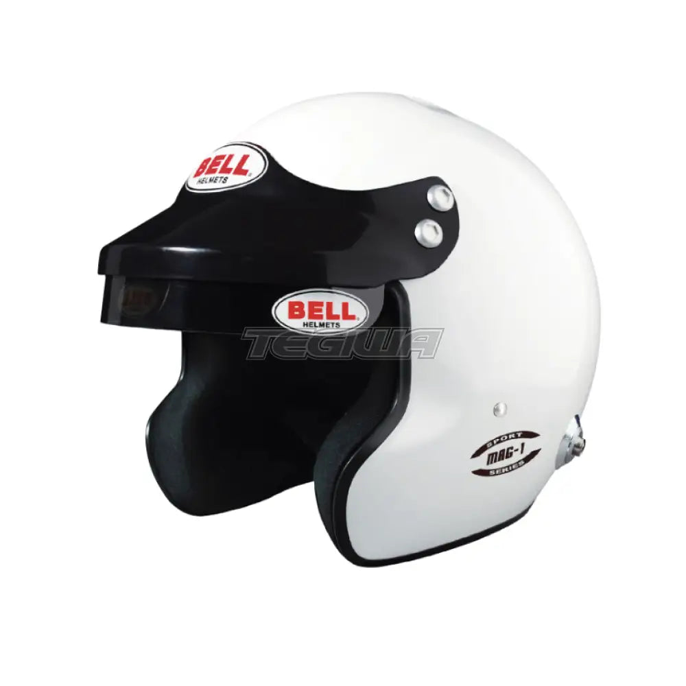White Bell Classic MAG-1 helmet with HANS device attachment, FIA8859-2015 compliant, designed for racing safety.
