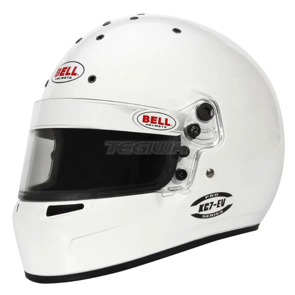 Bell KC7-EV karting helmet in white with visor and ventilation, designed for safety and style in competitive racing.