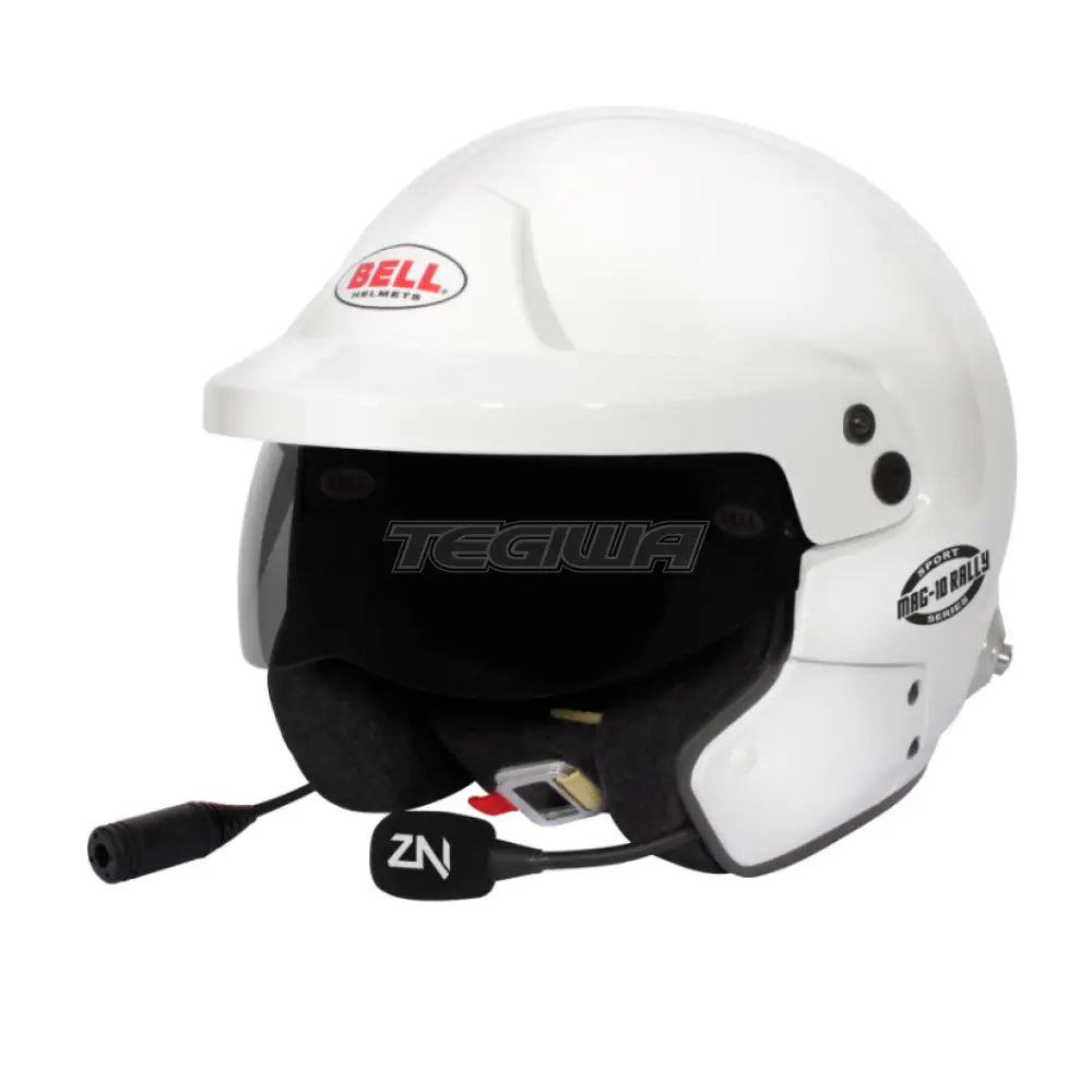 White Bell MAG-10 Rally Sport helmet with HANS device, FIA8859-2015 certification, featuring aerodynamic design and racing safety features.