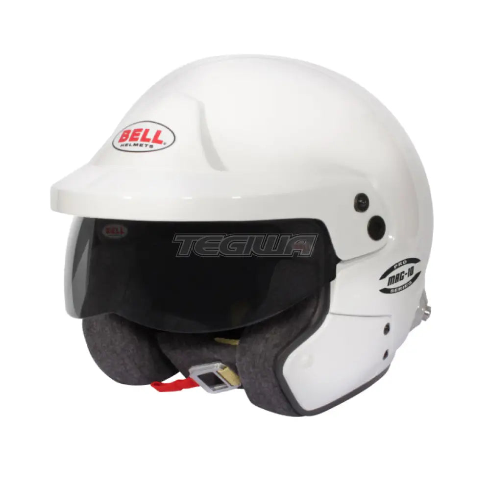 Bell Open Face MAG-10 helmet in white with HANS device, FIA8859/SA2020 rated, designed for racing safety and driver protection.