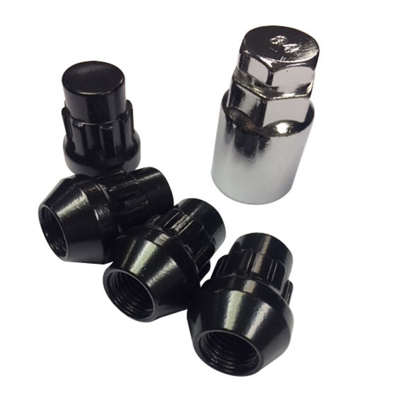 Bimecc M14 x 1.25 locking wheel nuts set for BMW F and G series vehicles, showing secure wheel lock nuts on a vehicle wheel