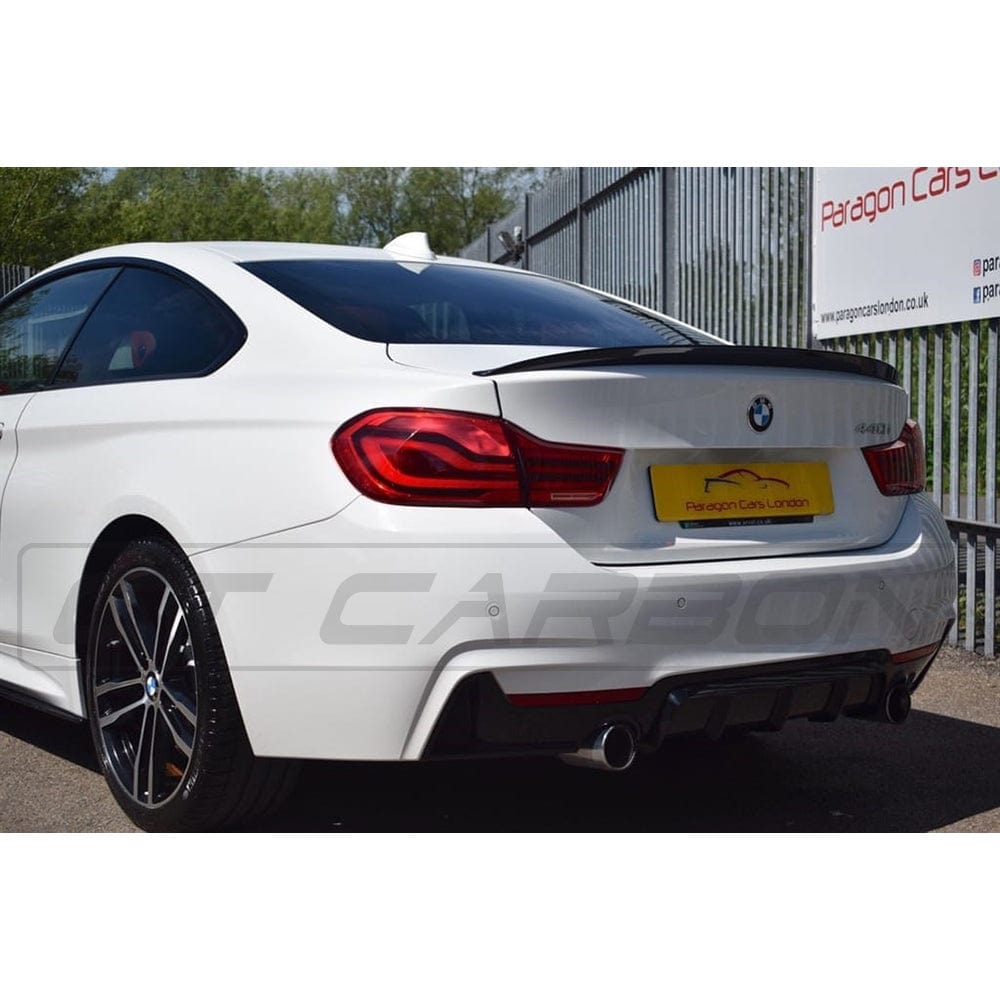 BMW 4 Series F36 2013-2020 gloss black full kit with dual exhaust by CT Carbon, featuring MP style exhaust tips and sleek finish.