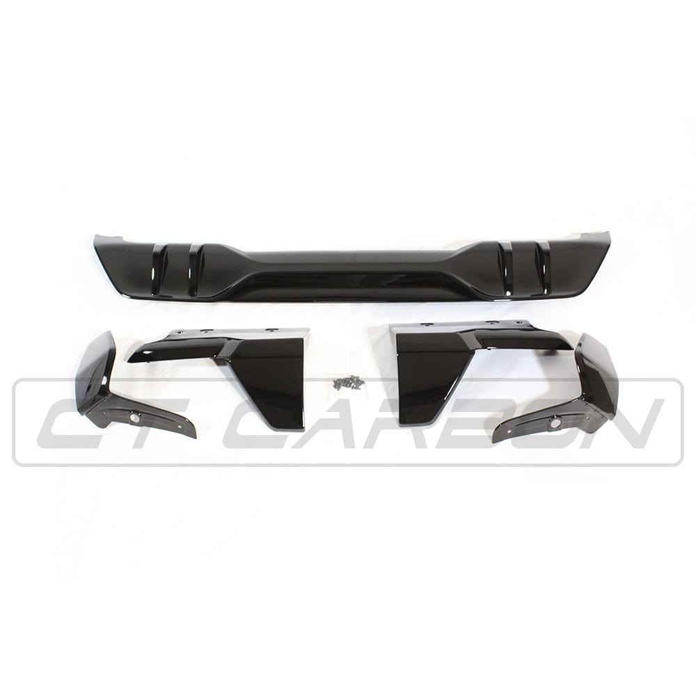 Black plastic kit for BMW G05 X5 MP style by CT Carbon, includes various exterior panels and accessories for a sleek black look.