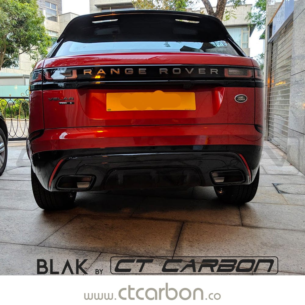 Full black edition Range Rover Velar trim pack kit by CT Carbon, featuring sleek black accents on the 2017+ model.