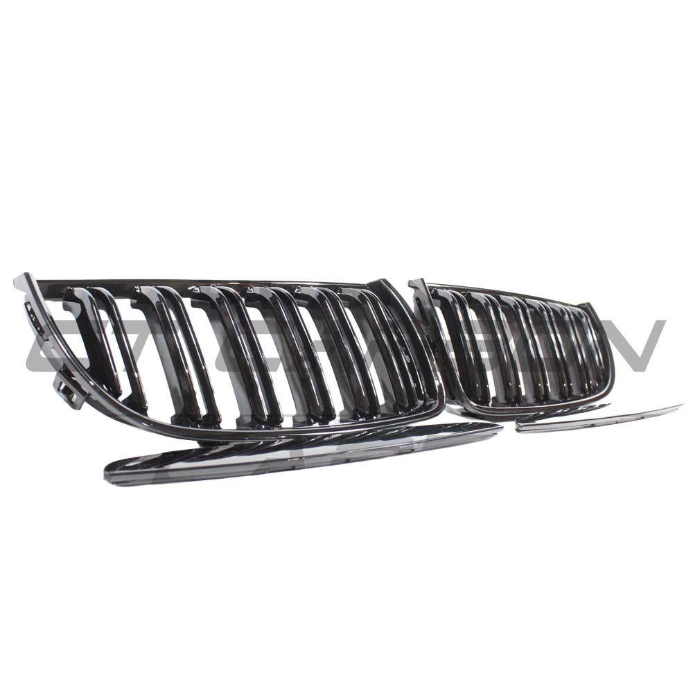 Black BMW E90 3 Series Pre-LCI double slat grille by CT Carbon, close-up of the sleek black grille design for the BMW E90.