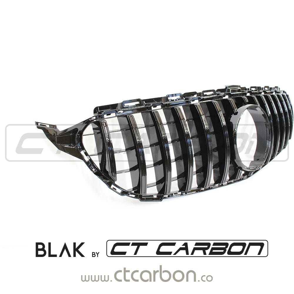 Black CT Carbon grille for Mercedes W205 C-Class 2014-2018 without camera, AMG GT Panamerica style, showcasing the sleek front design.