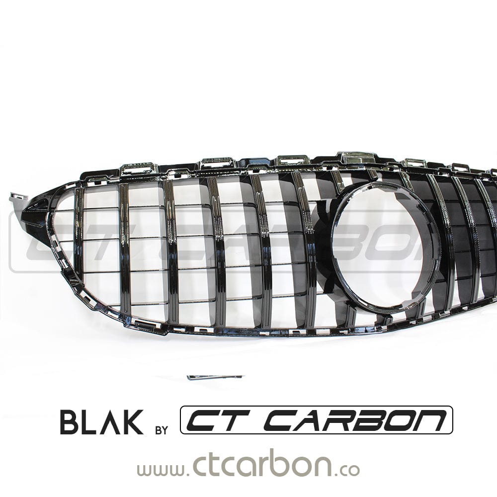 Black CT Carbon grille for Mercedes W205 C-Class 2014-2018 without camera, featuring AMG GT Panamericana style.