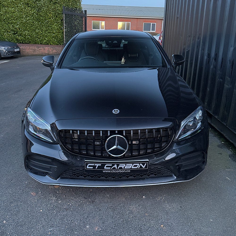 Mercedes W205 C-Class 2019+ AMG black grille by CT Carbon, without camera, featuring a sleek Panamericana-style design.