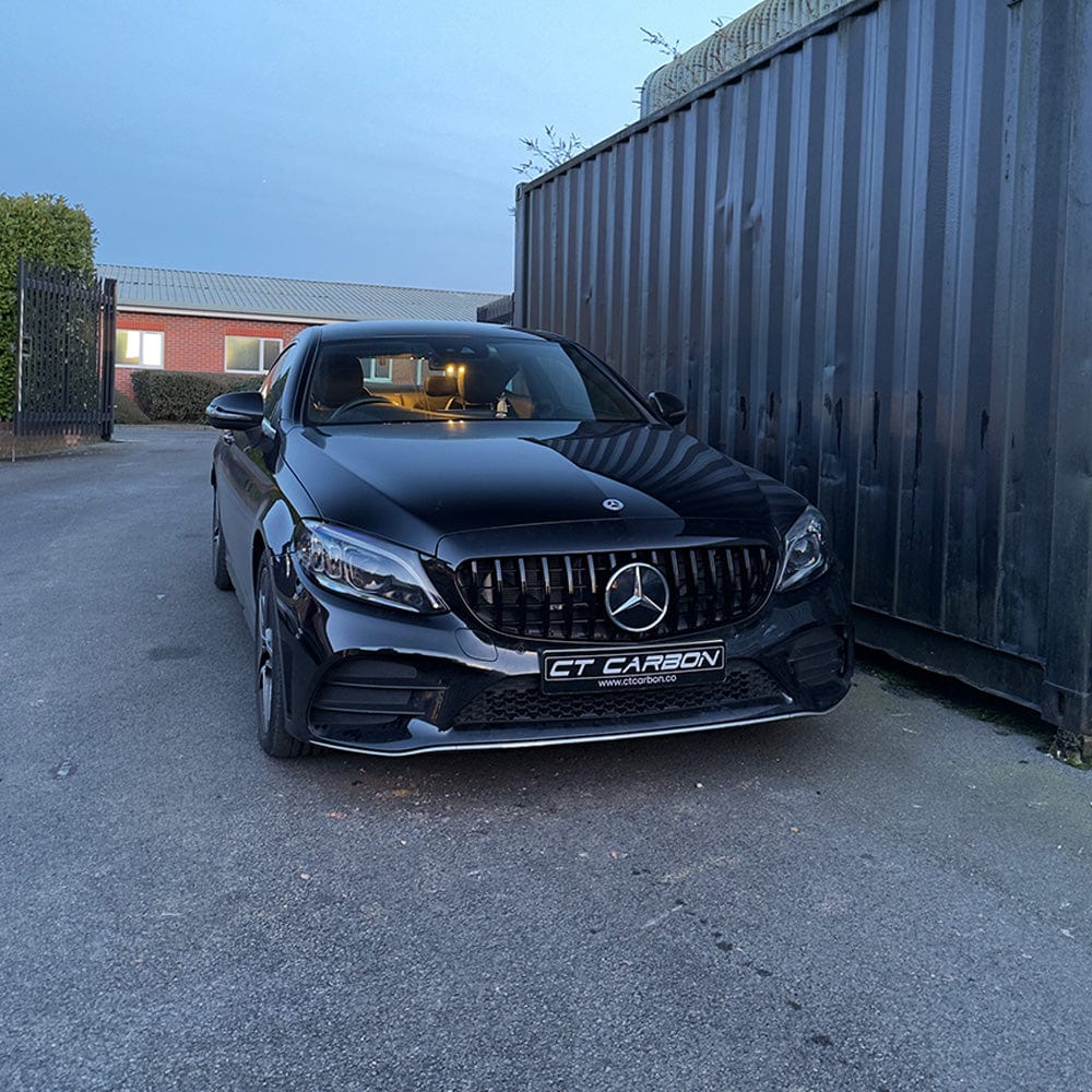 Mercedes W205 C-Class 2019+ AMG black grille by CT Carbon, without camera, featuring sleek Panamericana style design.