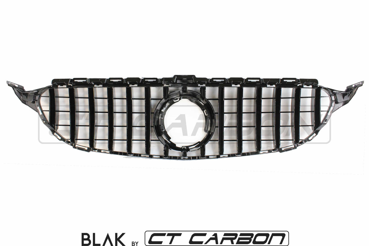 CT Carbon black grille with camera for Mercedes W205 C63 AMG 2014-2018 and AMG GT, Panamericana style, high-quality automotive accessory.