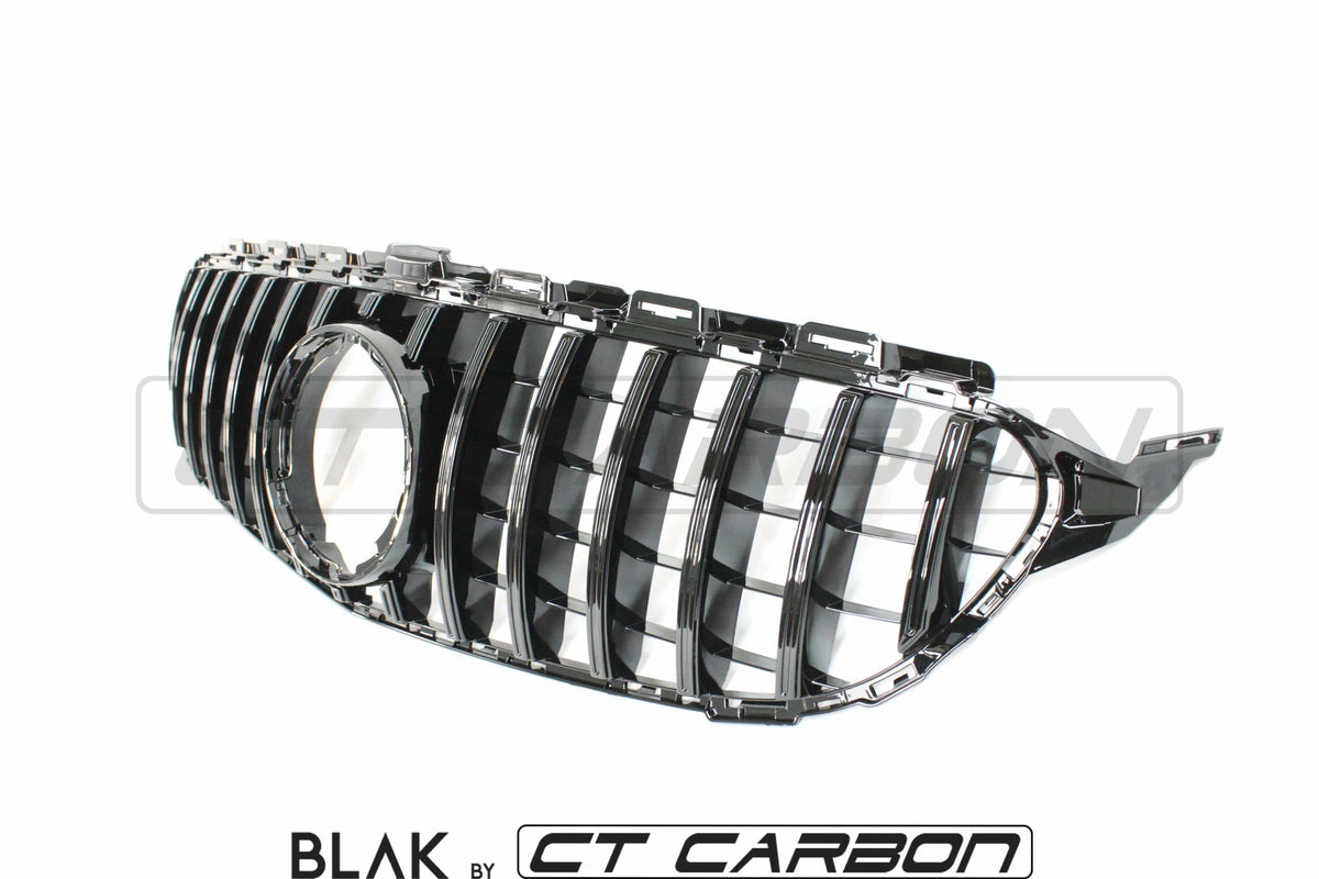 Black CT Carbon grille with camera for Mercedes W205 C63 AMG 2014-2018 and AMG GT, Panamerica style, front view.