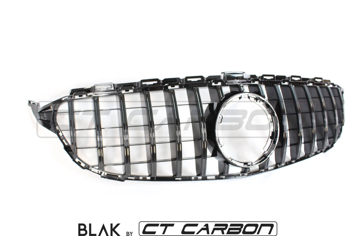 Black CT Carbon grille for Mercedes W205 C63 AMG 2014-2018 and AMG GT, Panamericana style, without camera opening.