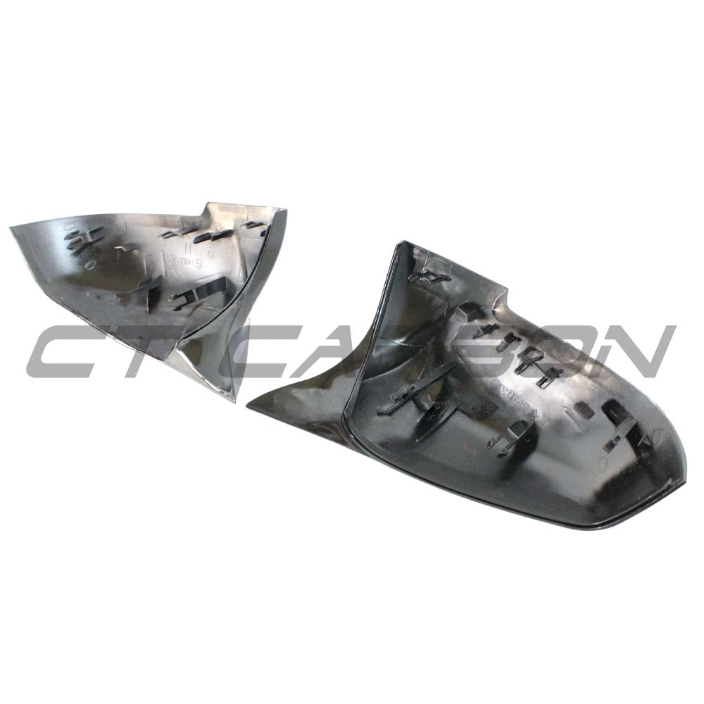 BMW Fxx 1, 2, 3, 4 Series gloss black mirrors by CT Carbon, showing sleek side mirror replacements with a modern finish.