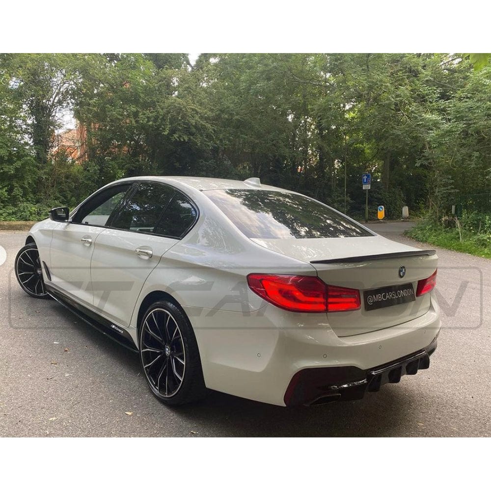 BMW 5 Series G30 gloss black spoiler by CT Carbon, rear roof spoiler with sleek MP style design for enhanced sporty look.