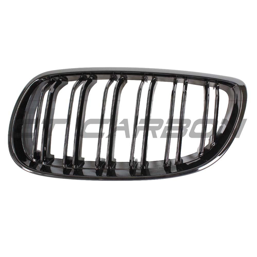 BMW E90 3 Series LCI double slat black grille by CT Carbon, showing close-up of sleek black grille design on vehicle.