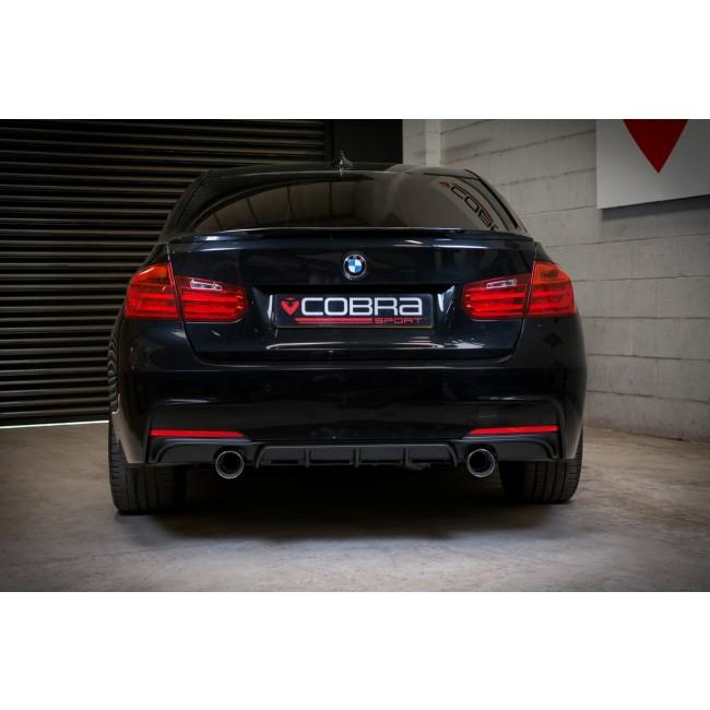 Cobra Sport BMW 320D F30/F31 dual exit performance exhaust conversion with twin tips, enhancing sporty look and sound.