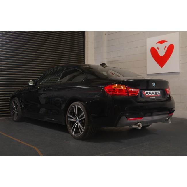 Cobra Sport BMW 430D dual exit exhaust conversion for F32/F33/F36 13-20, featuring twin exhaust pipes and polished tips.