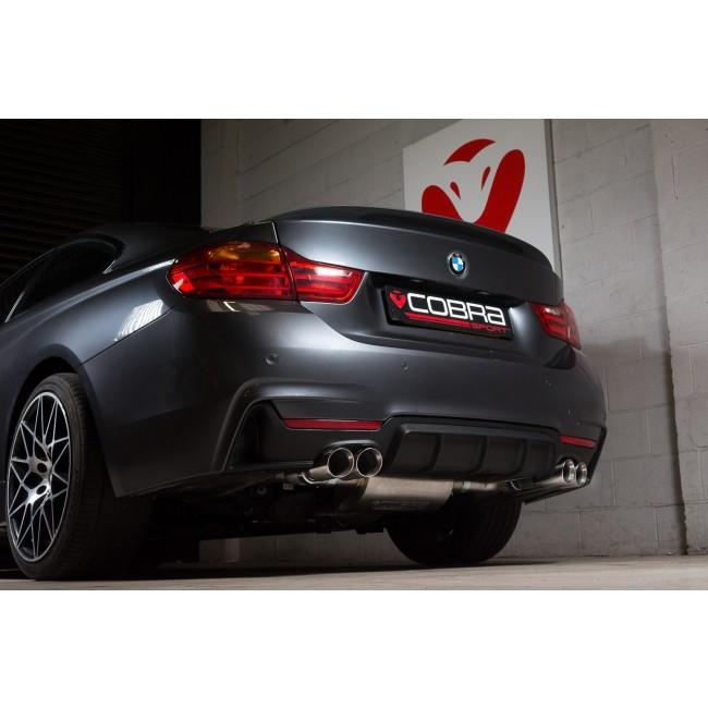 Cobra Sport BMW 435D quad exit M4 style performance exhaust conversion installed on a F32/F33/F36 series BMW.