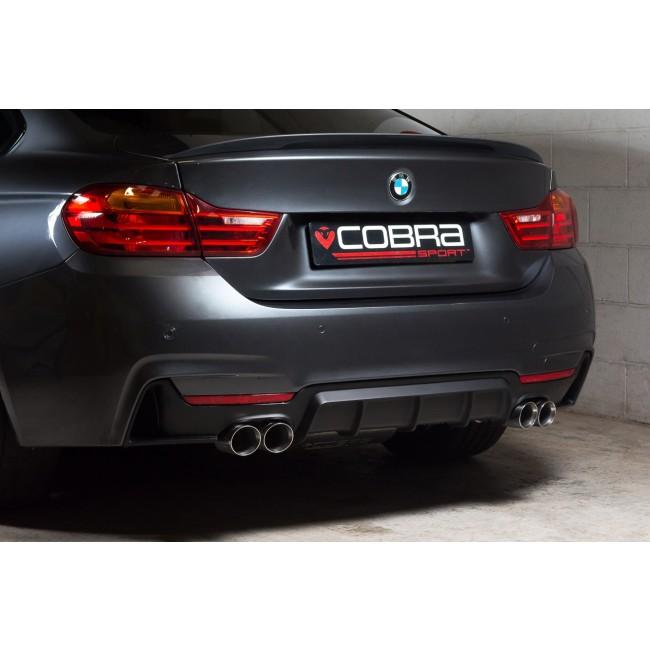 Cobra Sport BMW 435D F32/F33/F36 quad exit M4 style performance exhaust conversion installed on the car.