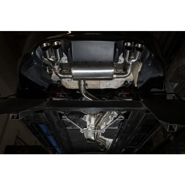 Cobra Sport BMW M2 F87 Coupe 3-inch valved cat back performance exhaust system installed on the vehicle.