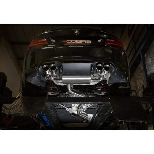 Cobra Sport BMW M2 F87 coupe 3-inch valved cat back performance exhaust with polished tips and dual outlet design.