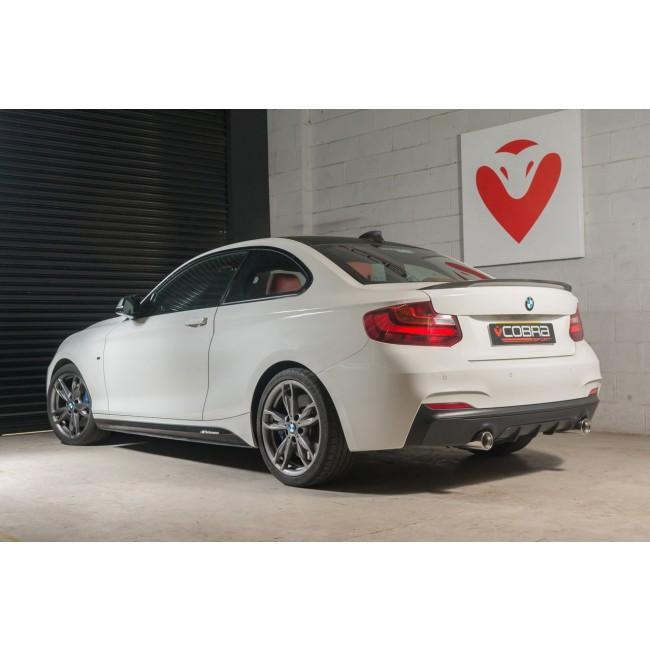 Cobra Sport BMW M240i F22 F23 LCI cat back performance exhaust with polished tips and dual exhaust outlets.