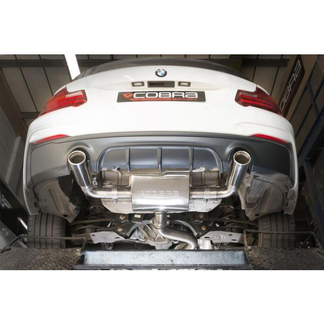 Cobra Sport BMW M240i F22/F23 LCI 2016-2021 cat back performance exhaust system with polished tips, mounted on a car.