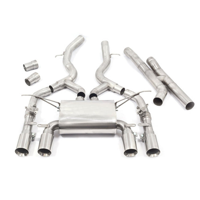 Cobra Sport BMW M3 F80 3-inch valved secondary cat back GPF/OPF performance exhaust system on a black vehicle.