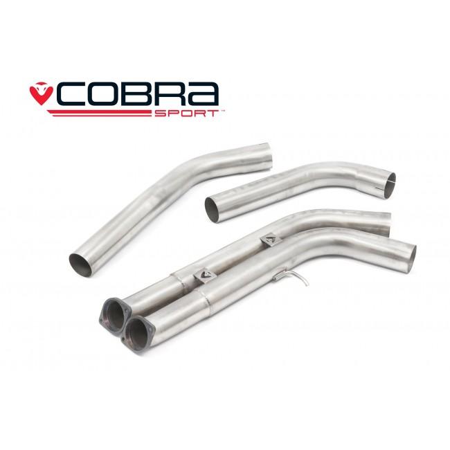 Cobra Sport BMW M3 F80 GPF/OPF back exhaust with 3-inch secondary de-cat bypass, showing the polished metal exhaust tips.