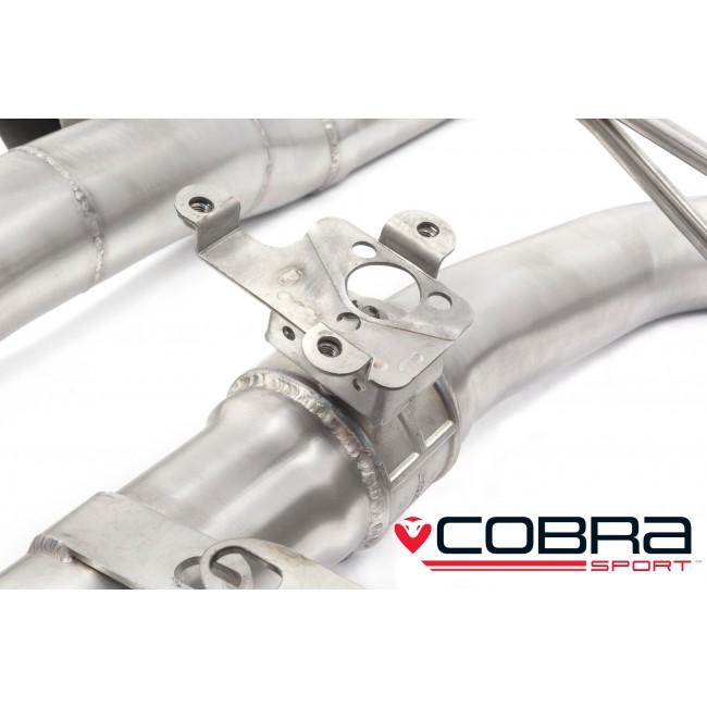 Cobra Sport BMW M4 F82 coupe 3-inch valved primary cat back performance exhaust system, shown installed on the vehicle.
