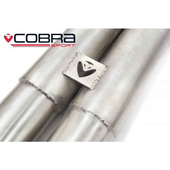 Cobra Sport BMW M4 F82 coupe GPF/OPF back exhaust with 3-inch secondary de-cat bypass, showing polished metal pipes and muffler