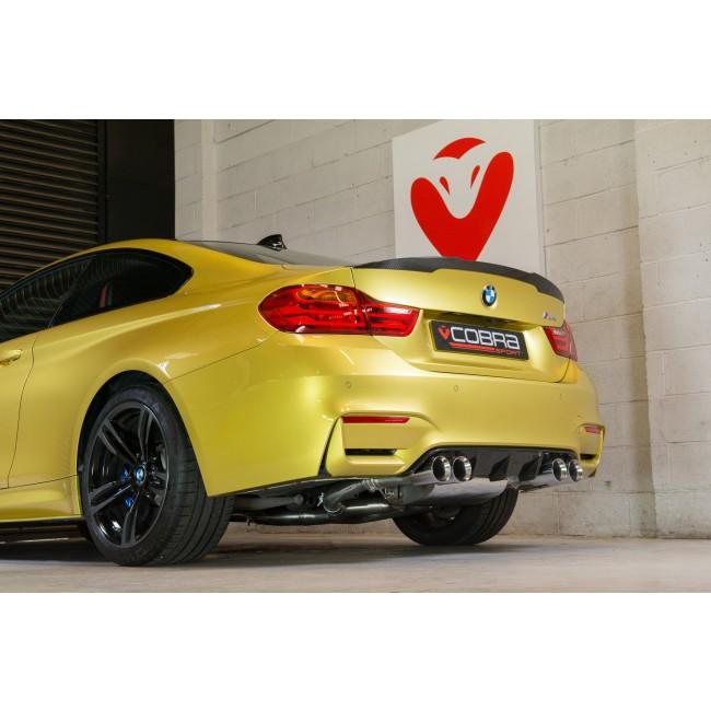 Cobra Sport BMW M4 F82 coupe 3-inch valved primary cat back performance exhaust system with polished tips.