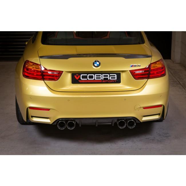 Cobra Sport BMW M4 F82 Coupe 3-inch valved primary cat back performance exhaust system installed on the vehicle.
