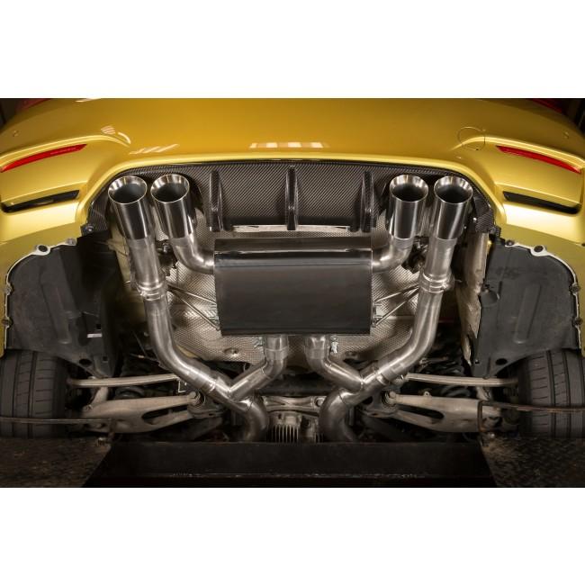 Cobra Sport GPF/OPF back exhaust system installed on BMW M4 F82 Competition coupe, showcasing polished dual exhaust tips.