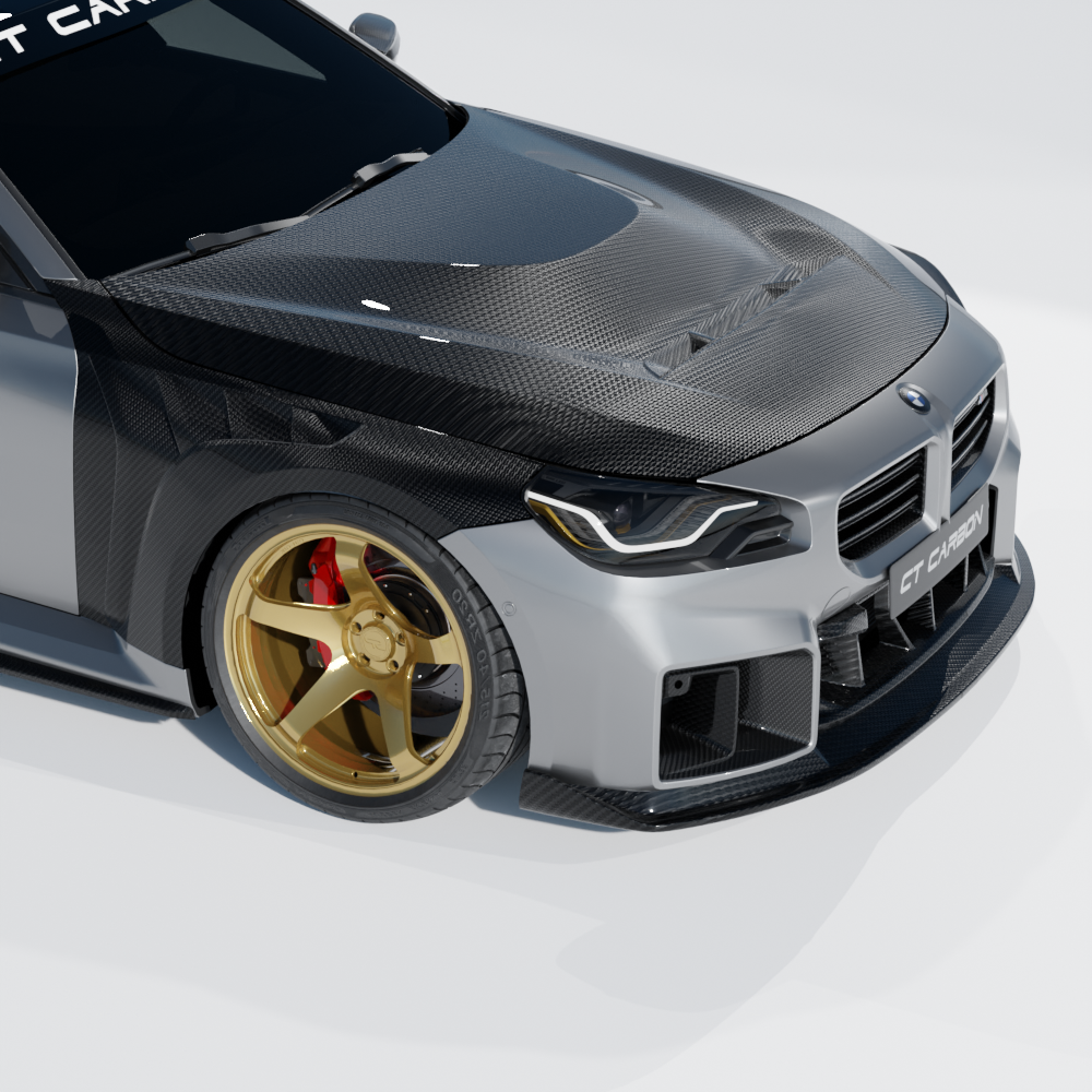 BMW G87 M2 carbon fiber front fenders by CT Carbon, showing sleek, lightweight design and detailed carbon fiber finish.