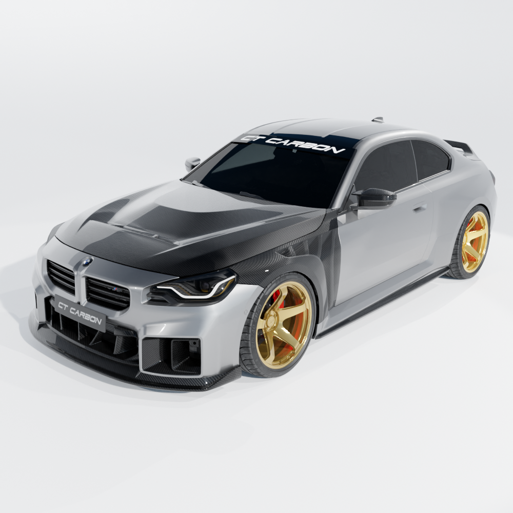 BMW G87 M2 carbon fiber front fenders by CT Carbon, showcasing lightweight, aerodynamic fender wings with detailed carbon fiber weave.