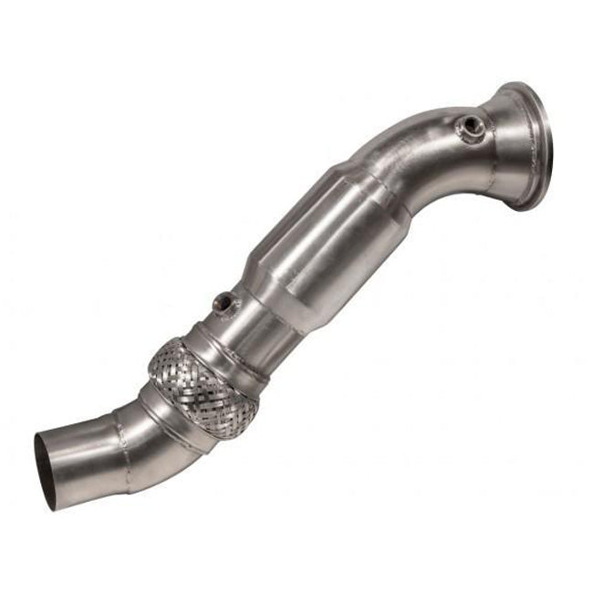 Cobra Sport BMW 440i F32 LCI sports cat and de-cat downpipe for performance exhaust system, shown in the image.