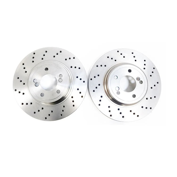 MTEC Performance drilled brake discs for Mercedes C-Class C63 and C63S AMG, front view showing drilled pattern and metal finish.