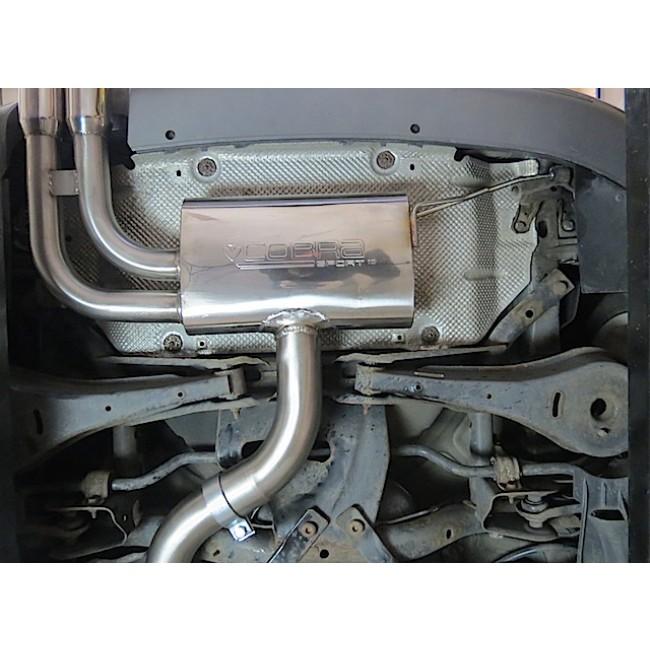 Cobra Sport VW Golf GTI Mk5 2.0 T FSI cat-back performance exhaust system installed on a car, showcasing the polished exhaust tips.